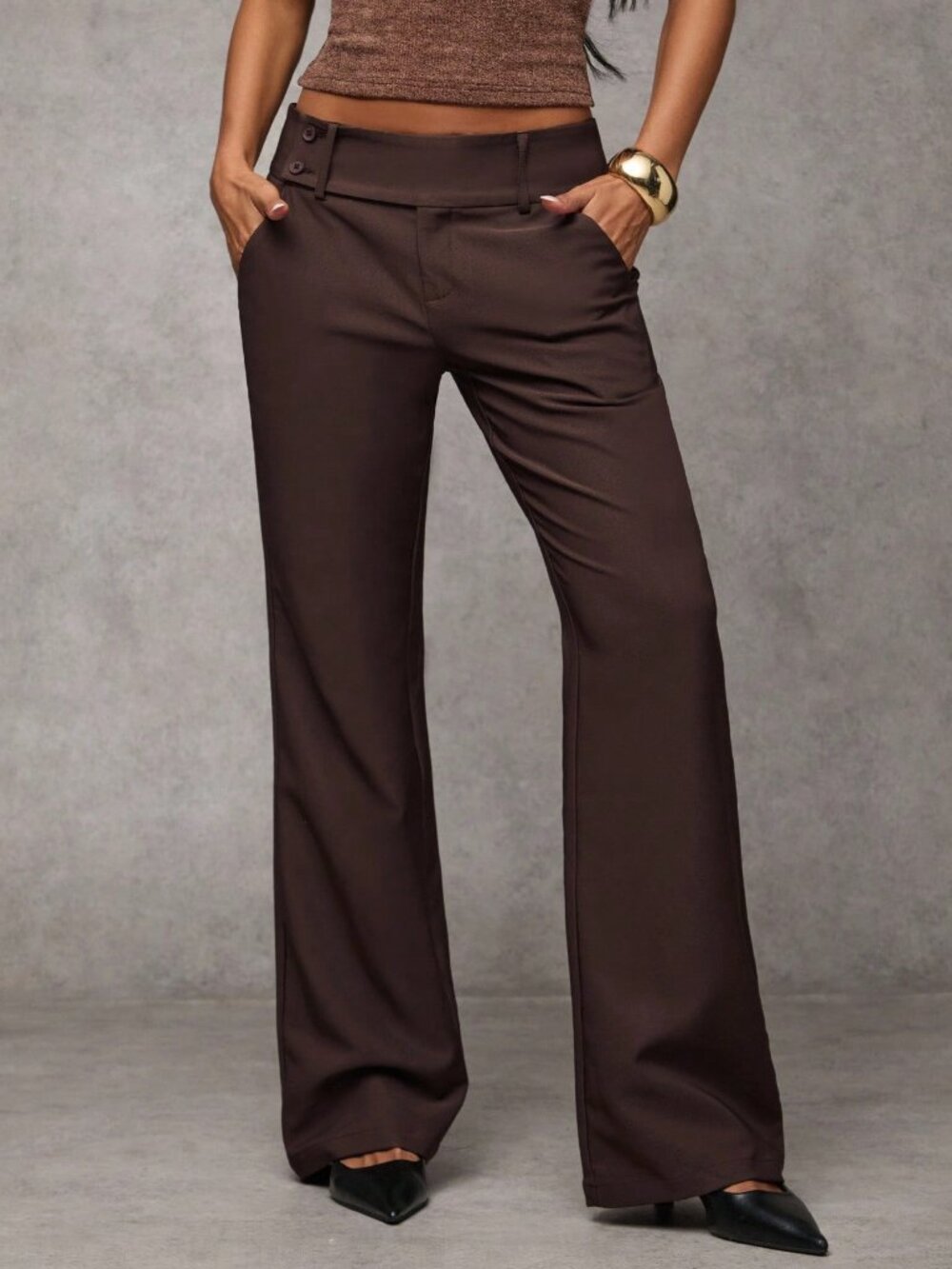 Coffee Brown Elegant Women's Casual Flare Leg Pants